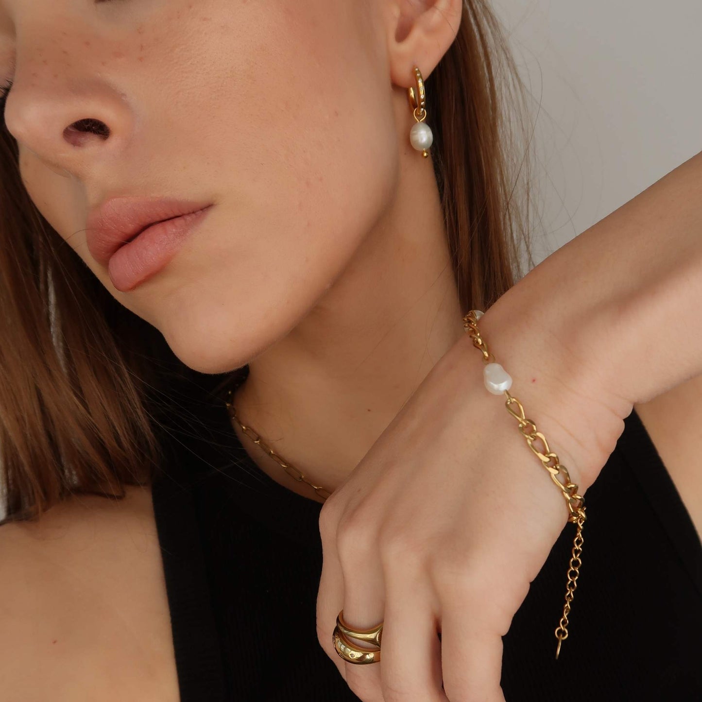 Gold Pearl Chain Bracelet - Gold Plated Stainless Steel (19-22cm)