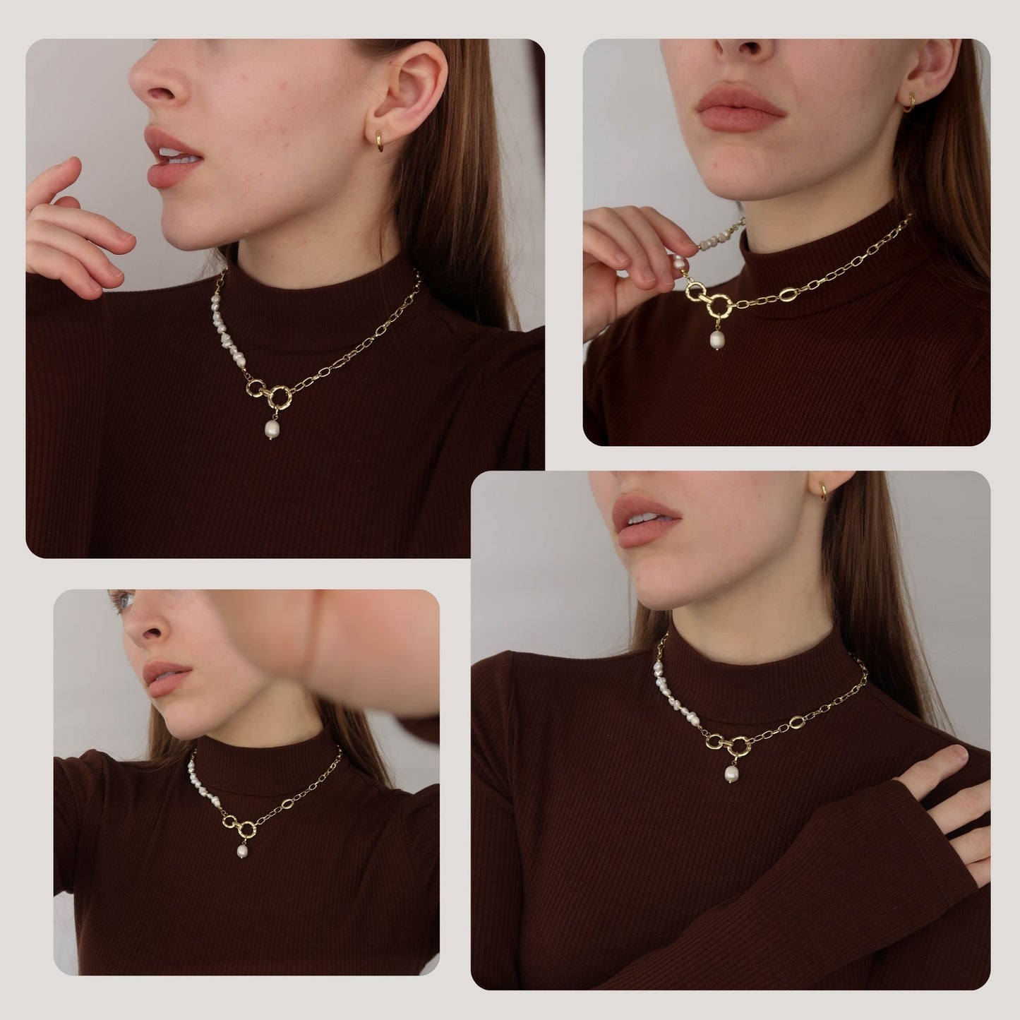 Imitation Pearl Necklace - Short Gold Chain (39cm)