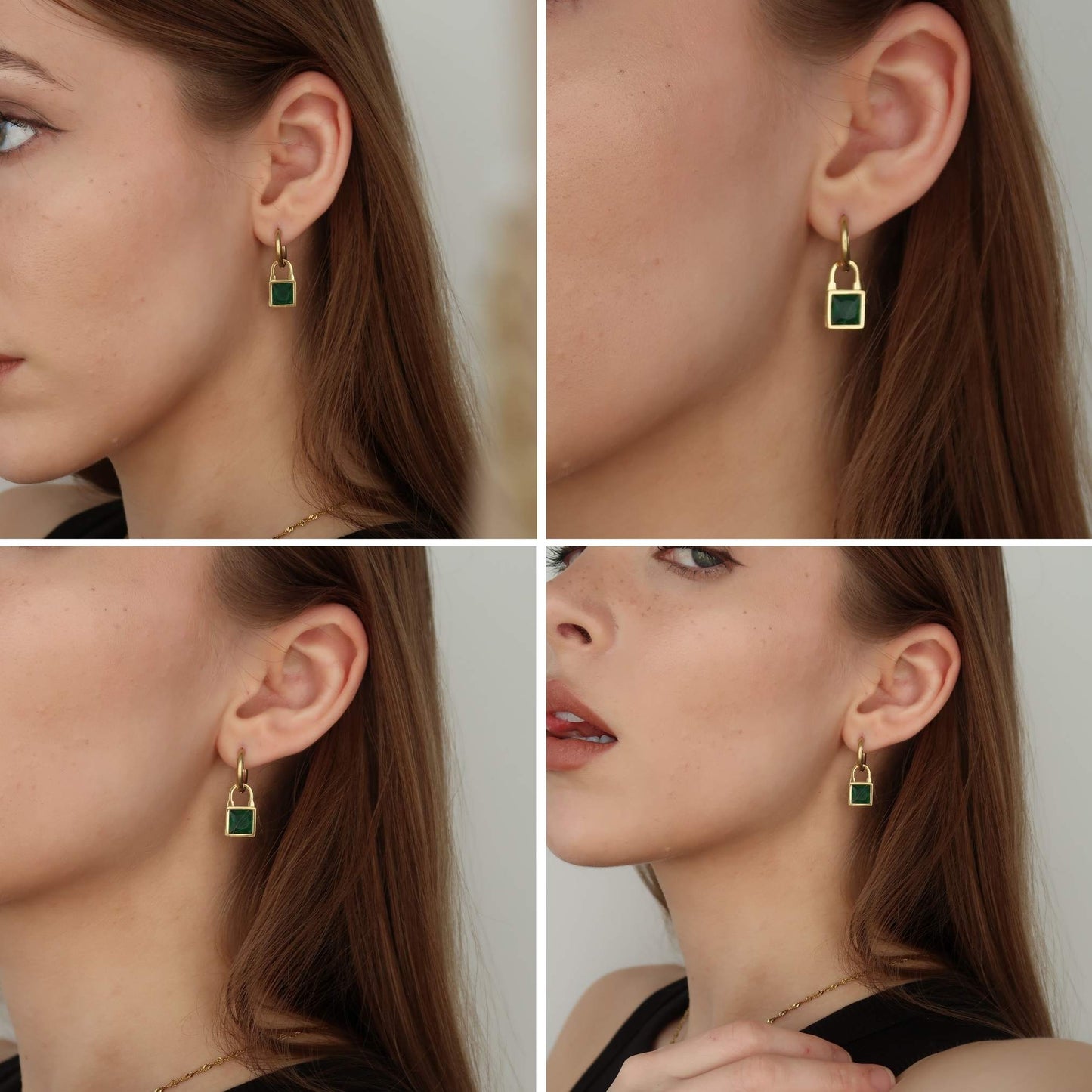 Sparkle Square - GOLD Drop Huggie Hoop Earrings (pink, green, white)