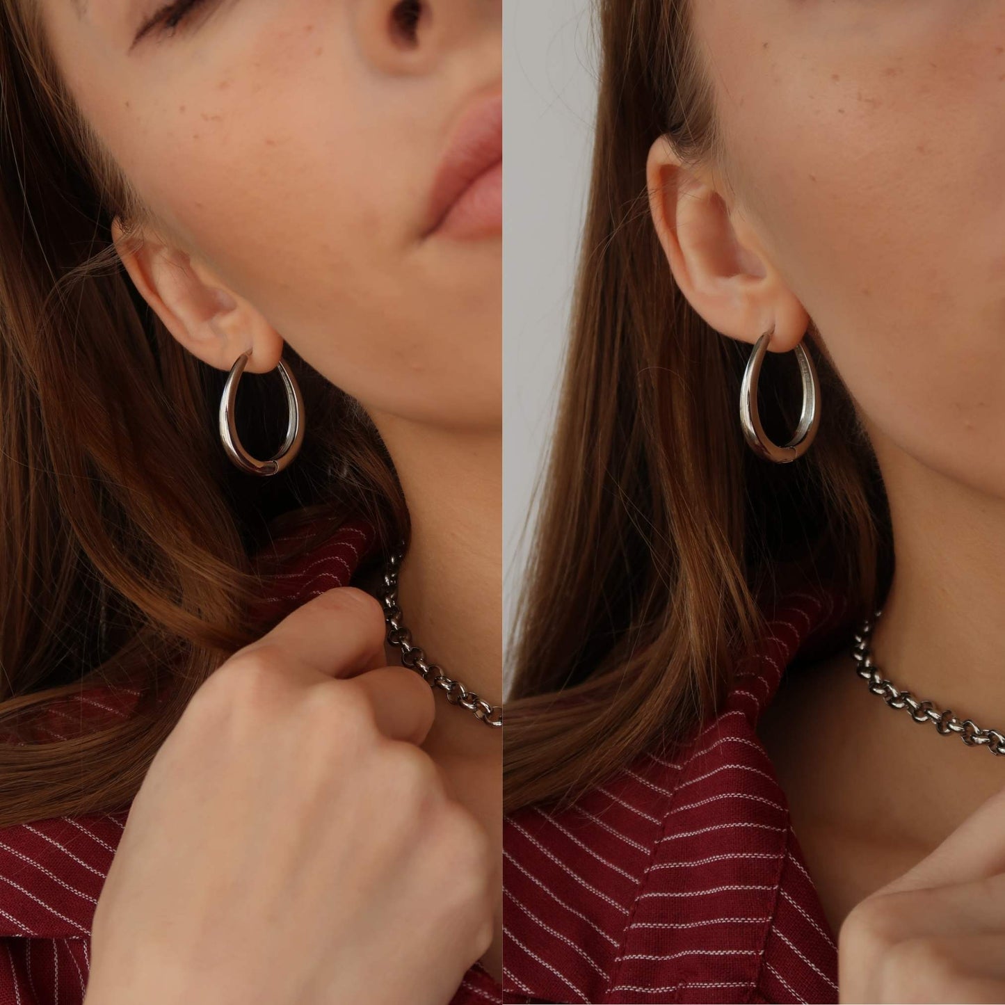 SILVER Teardrop Hoops - Geometric Oval Earrings (Copper)