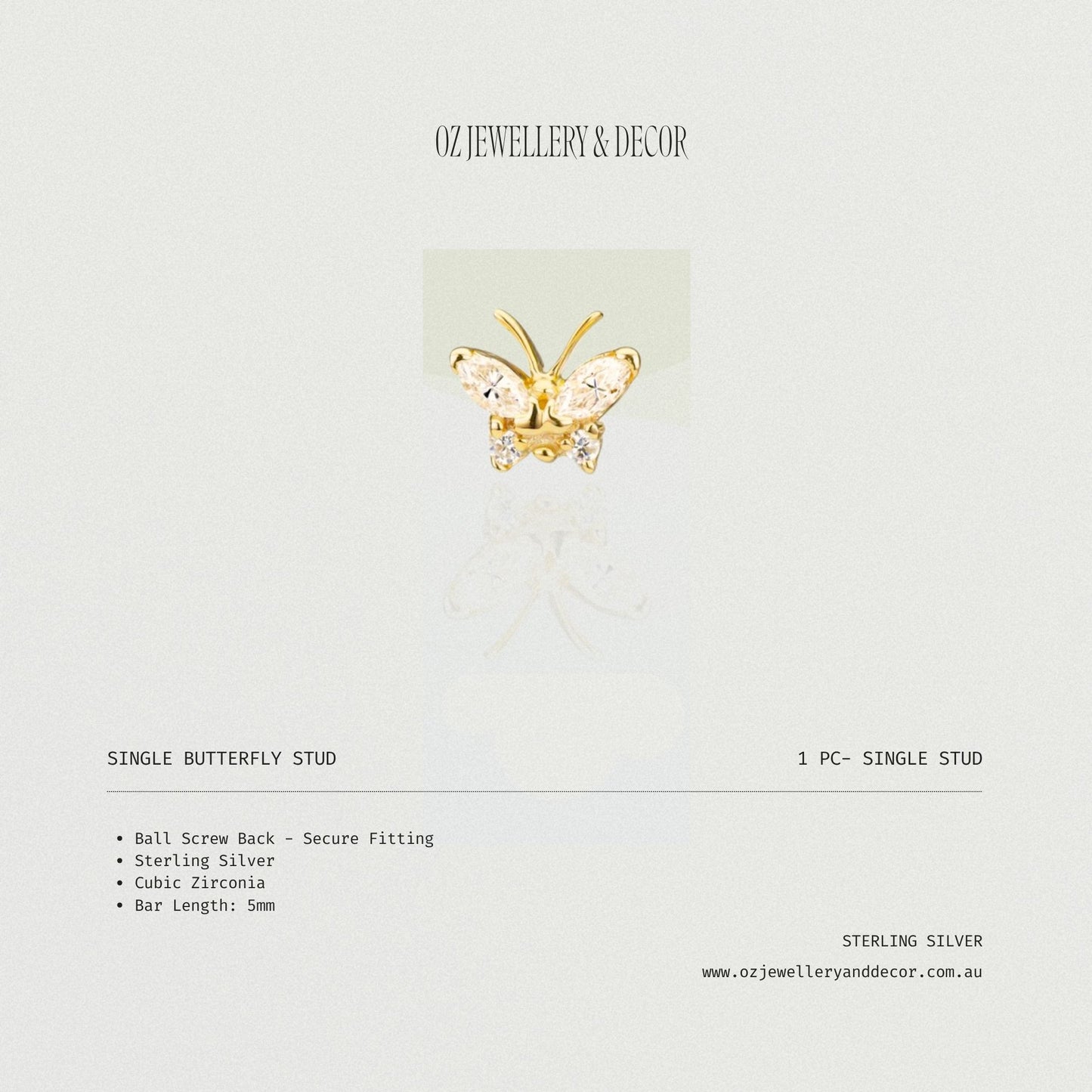 SINGLE BUTTERFLY STUD (single earring) - Screw Backs 5mm for Thin Ears