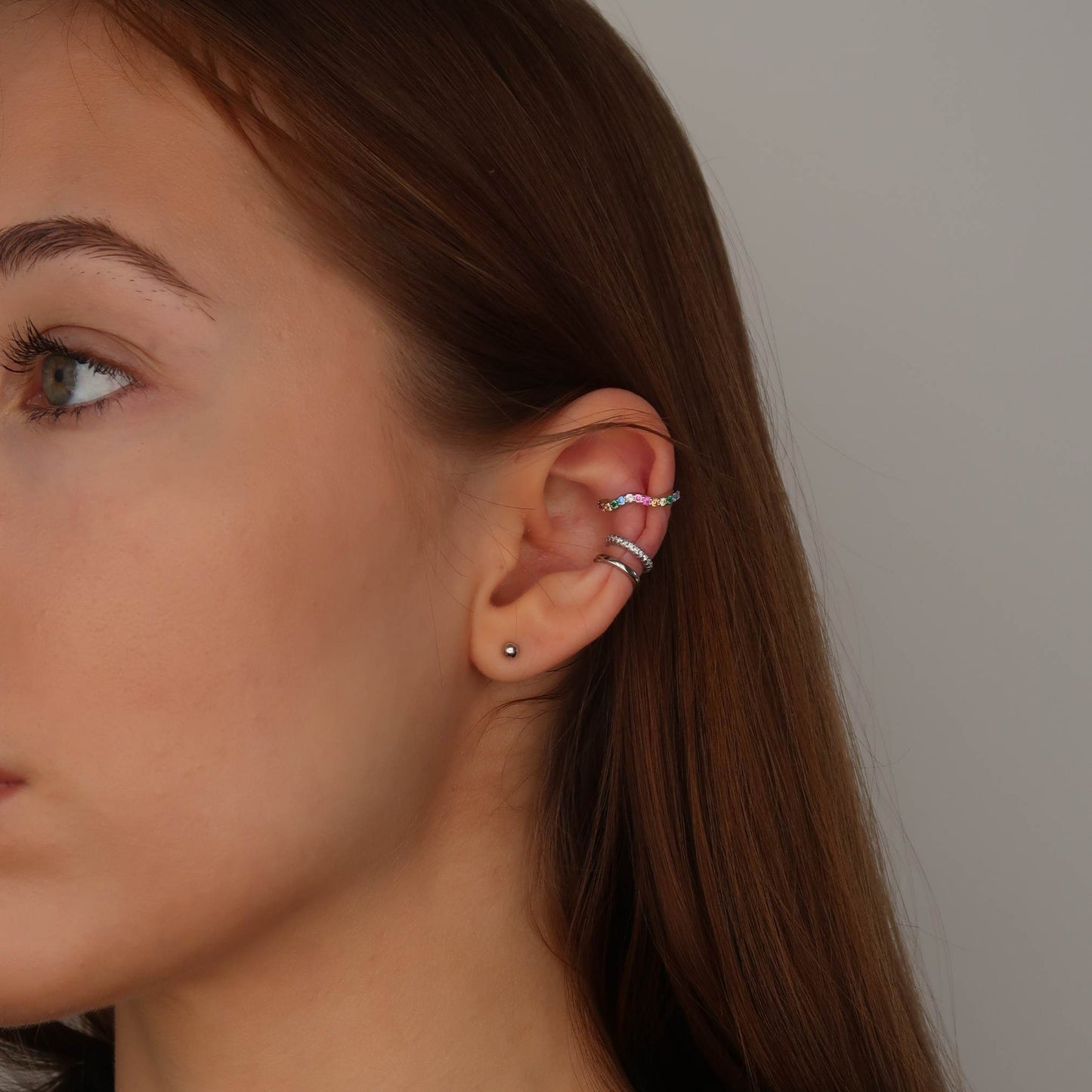 Silver Wave Multi Colour Ear Cuff - Rainbow Crystals (sterling silver)