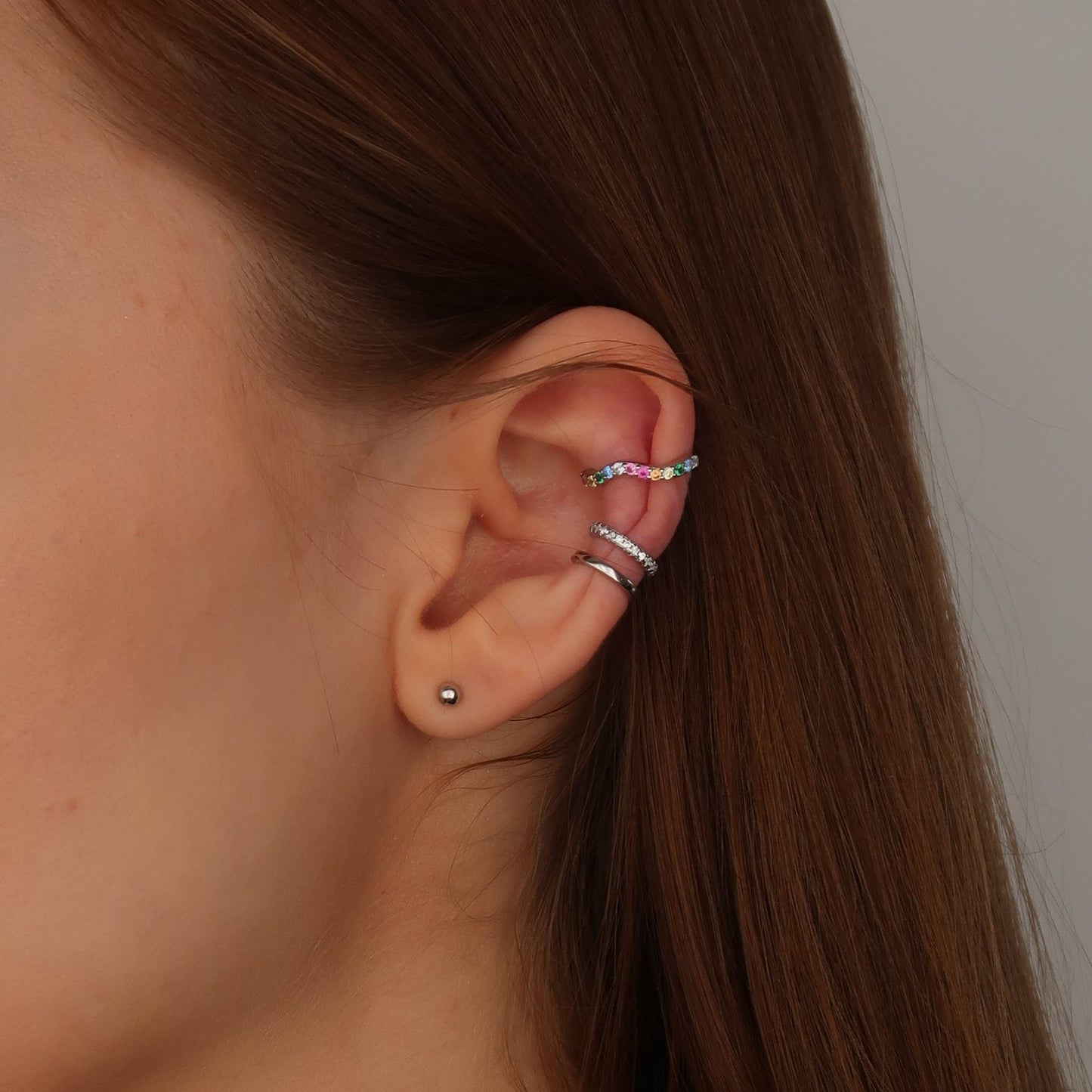 Silver Wave Multi Colour Ear Cuff - Rainbow Crystals (sterling silver)