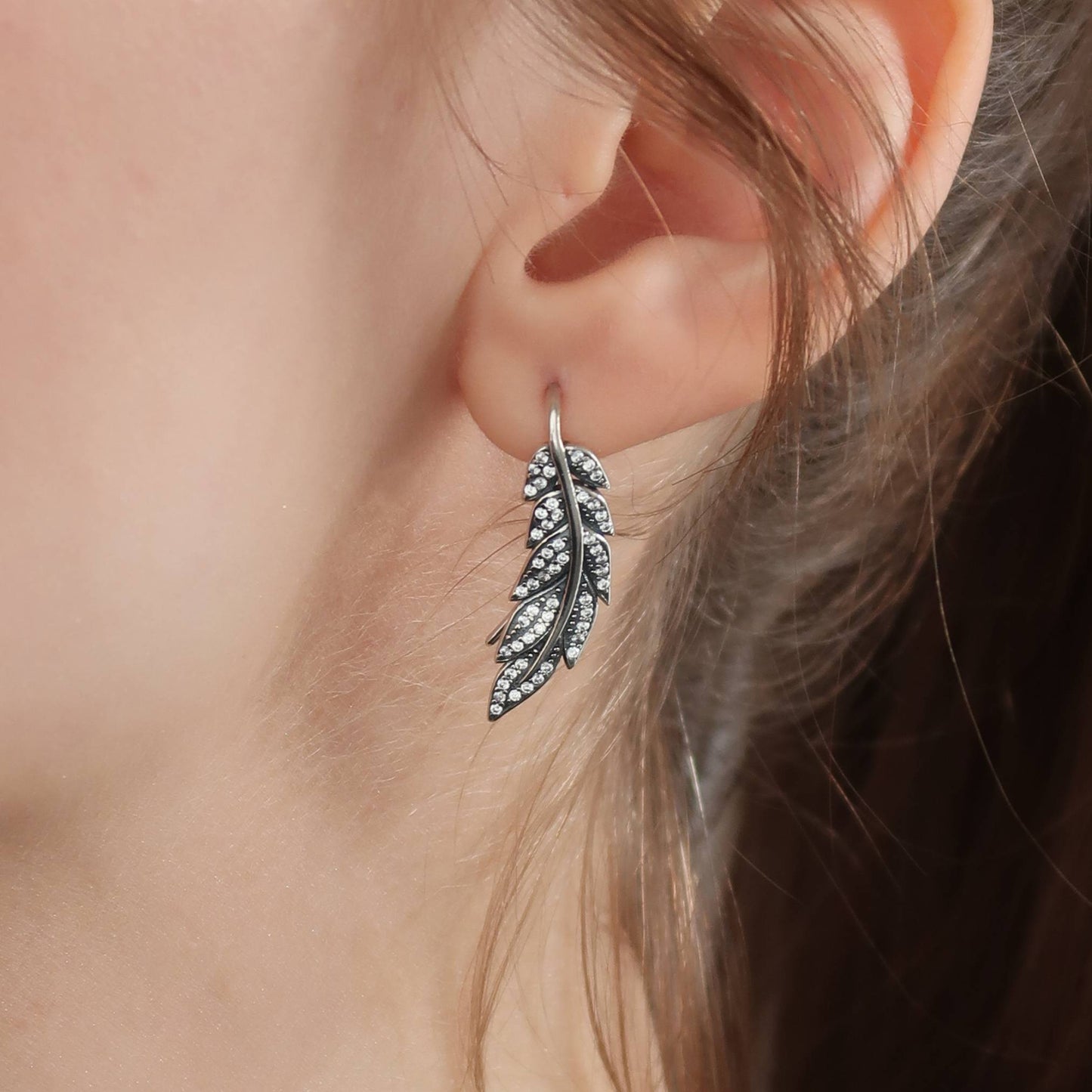 Oxidised Silver Feather Earrings - Unique Statement Hook Earrings