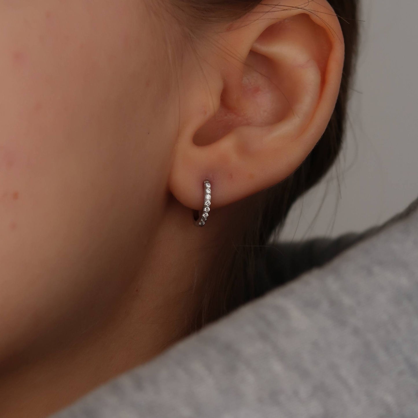 White Pave Crystal Huggies in Silver - Sterling Silver Earrings