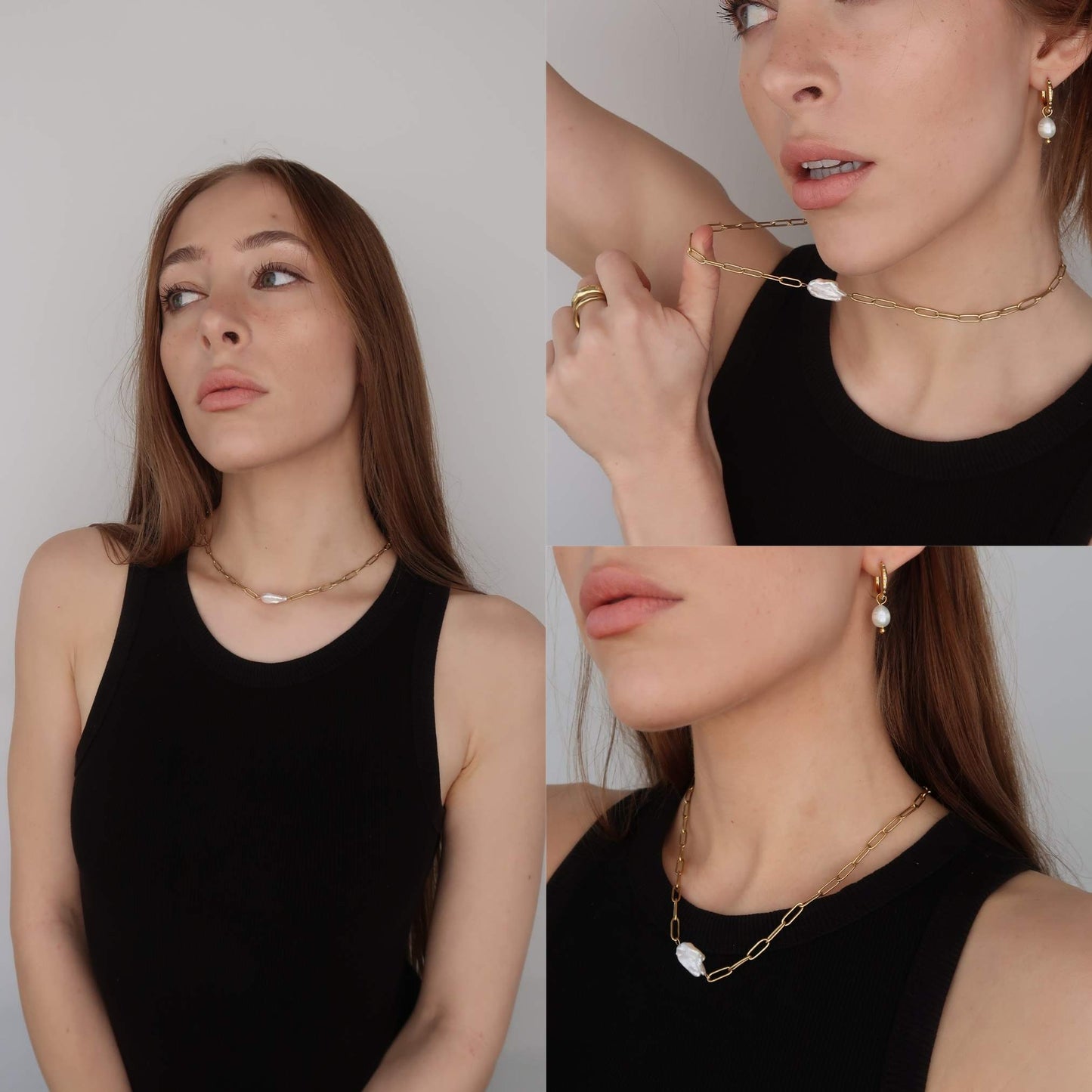 Gold Paperclip Pearl Necklace - Gold Oval Cable Chain (42cm)