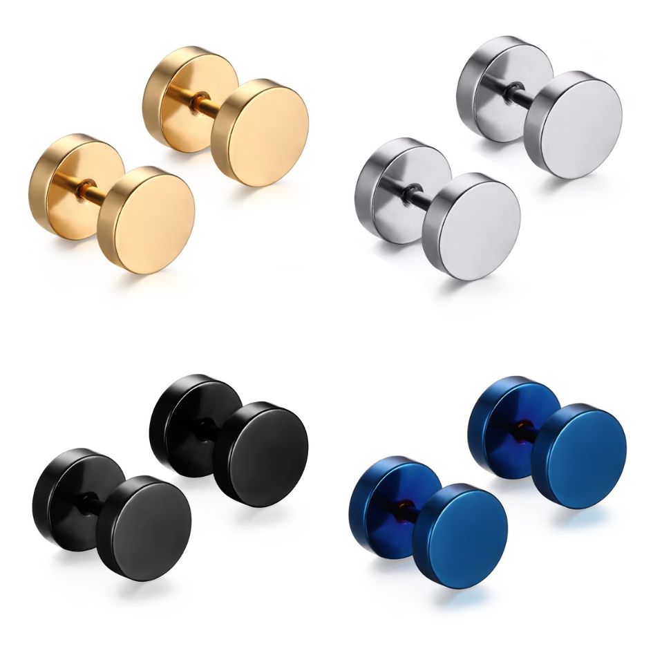 Mens Screw Back Plug Earrings, in blue silver gold black