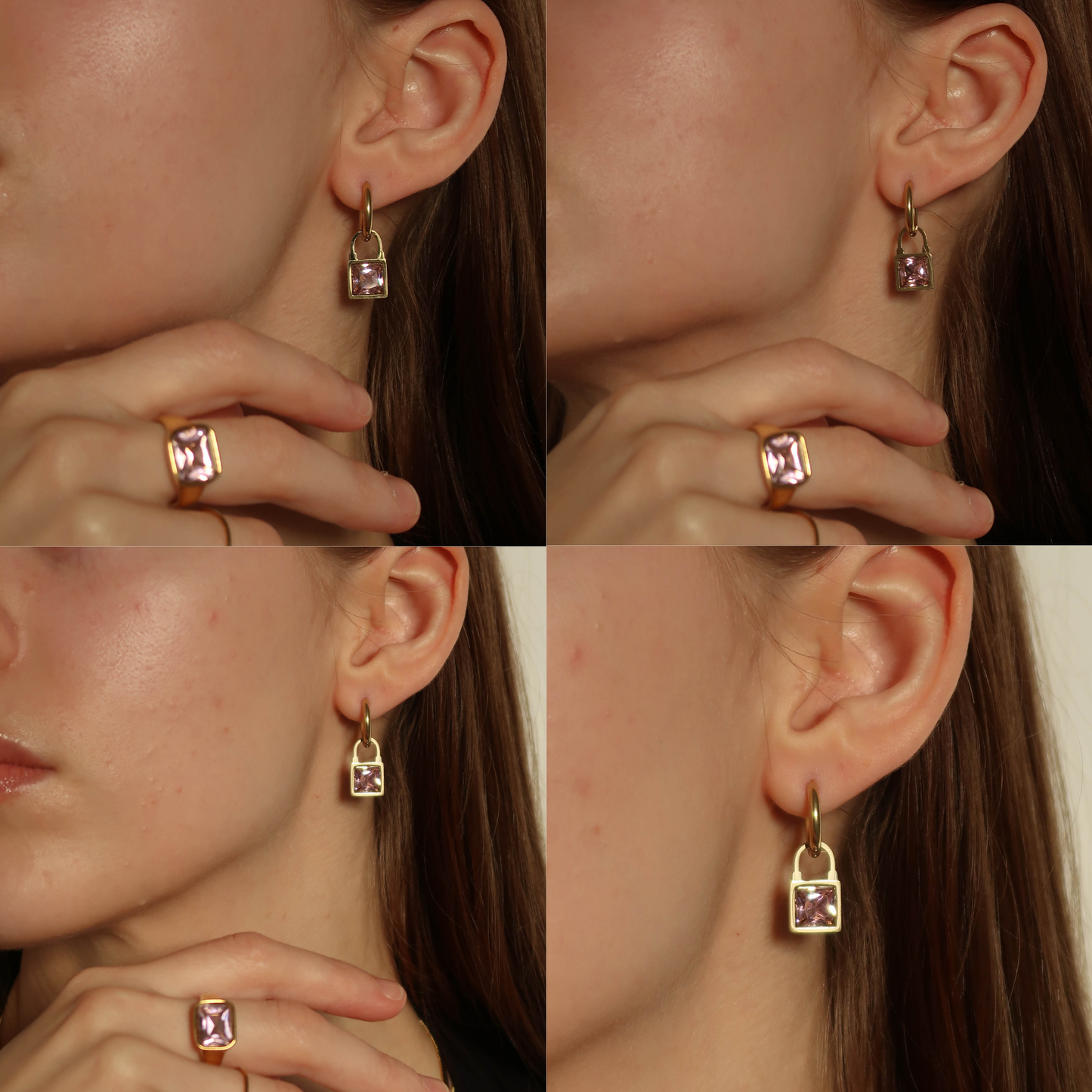 Sparkle Square - GOLD Drop Huggie Hoop Earrings (pink, green, white)