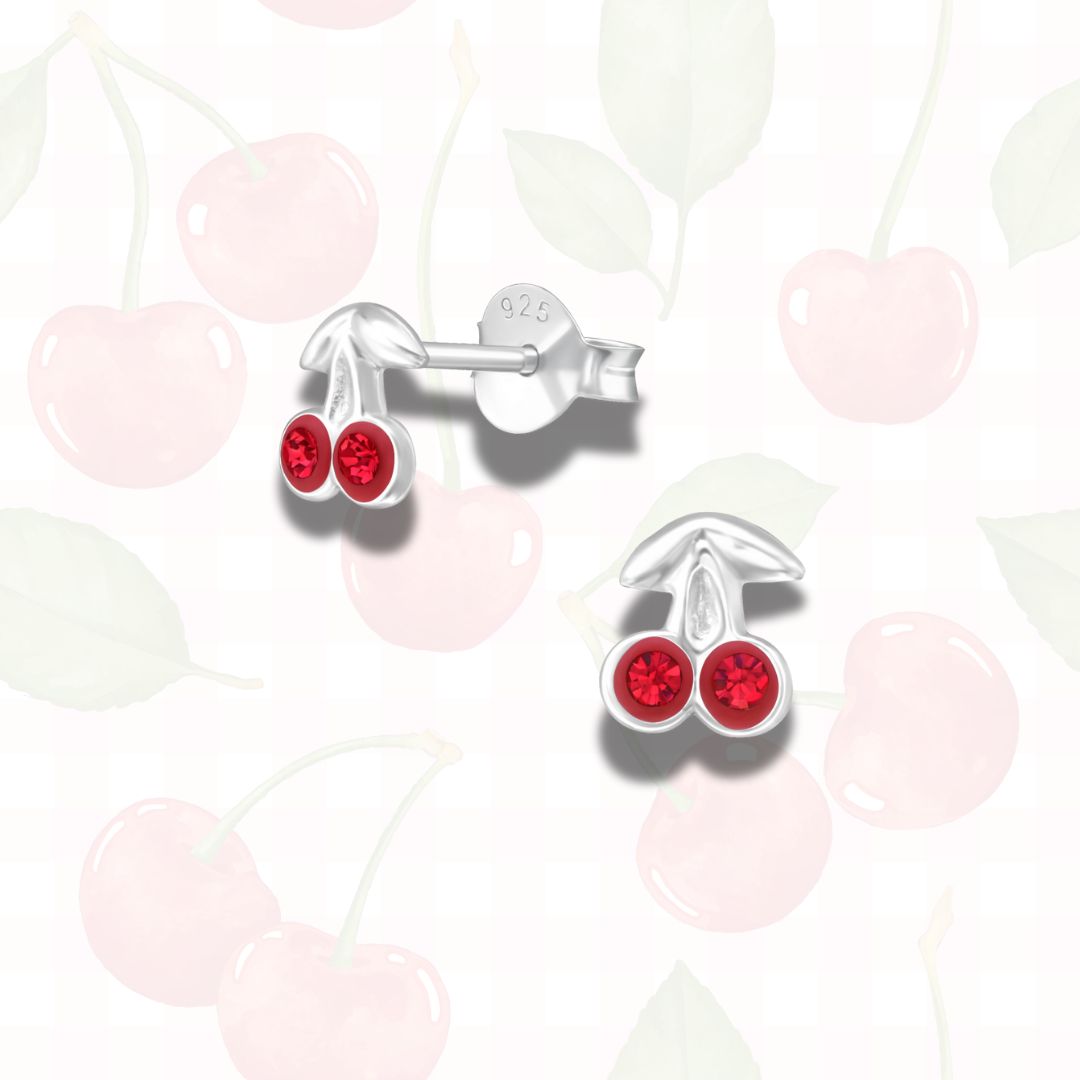 Cherry Stud Earrings in Sterling Silver, Tiny Fruit Earrings (red, pink)