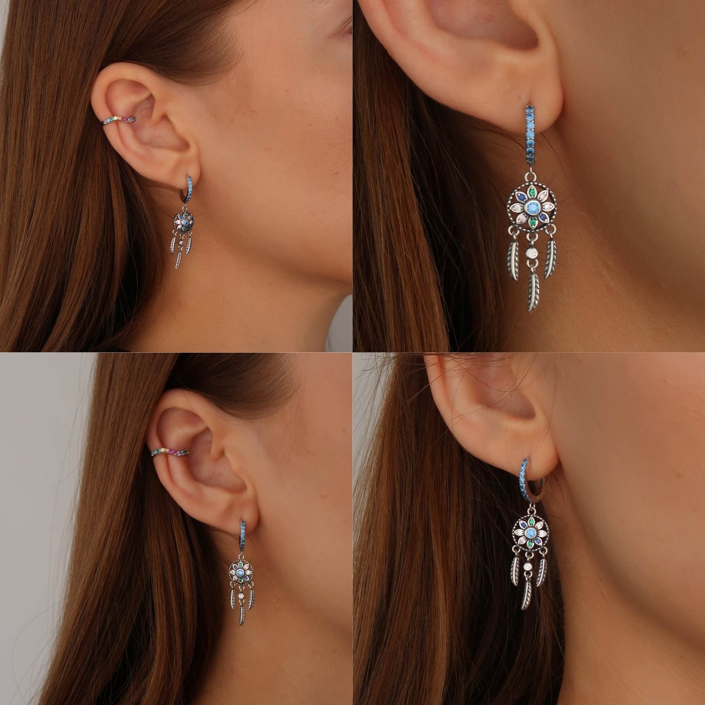 Hanging Dream Catcher Earrings - Blue Pave Crystal Hoops (flower & feather)