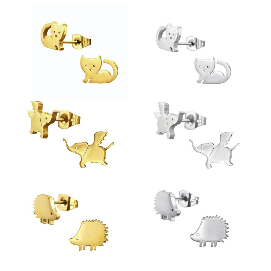 Animal Earrings, Cat & Elephant & Porcupine Steel Studs