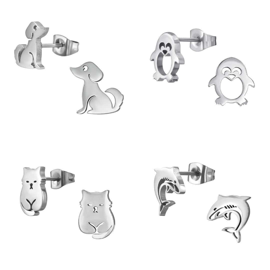 Silver Animal Earrings, Stainless Steel - Dog, Penguin, Cat, Shark