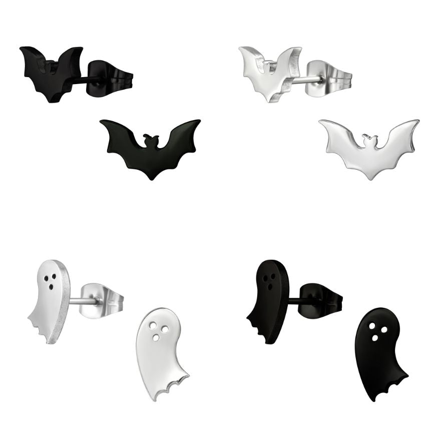 Bat & Ghost Earrings, Halloween Steel Studs, Black and White