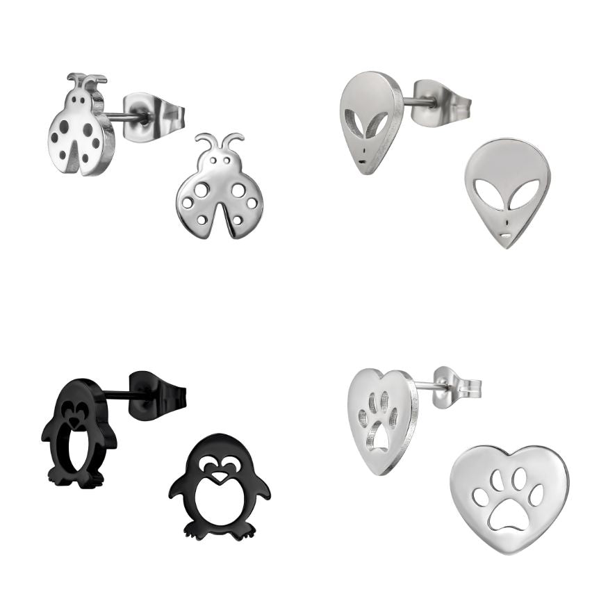 Fun Steel Studs - LadyBug Earrings, Alien, Penguin & Dog Paw Heart Earrings