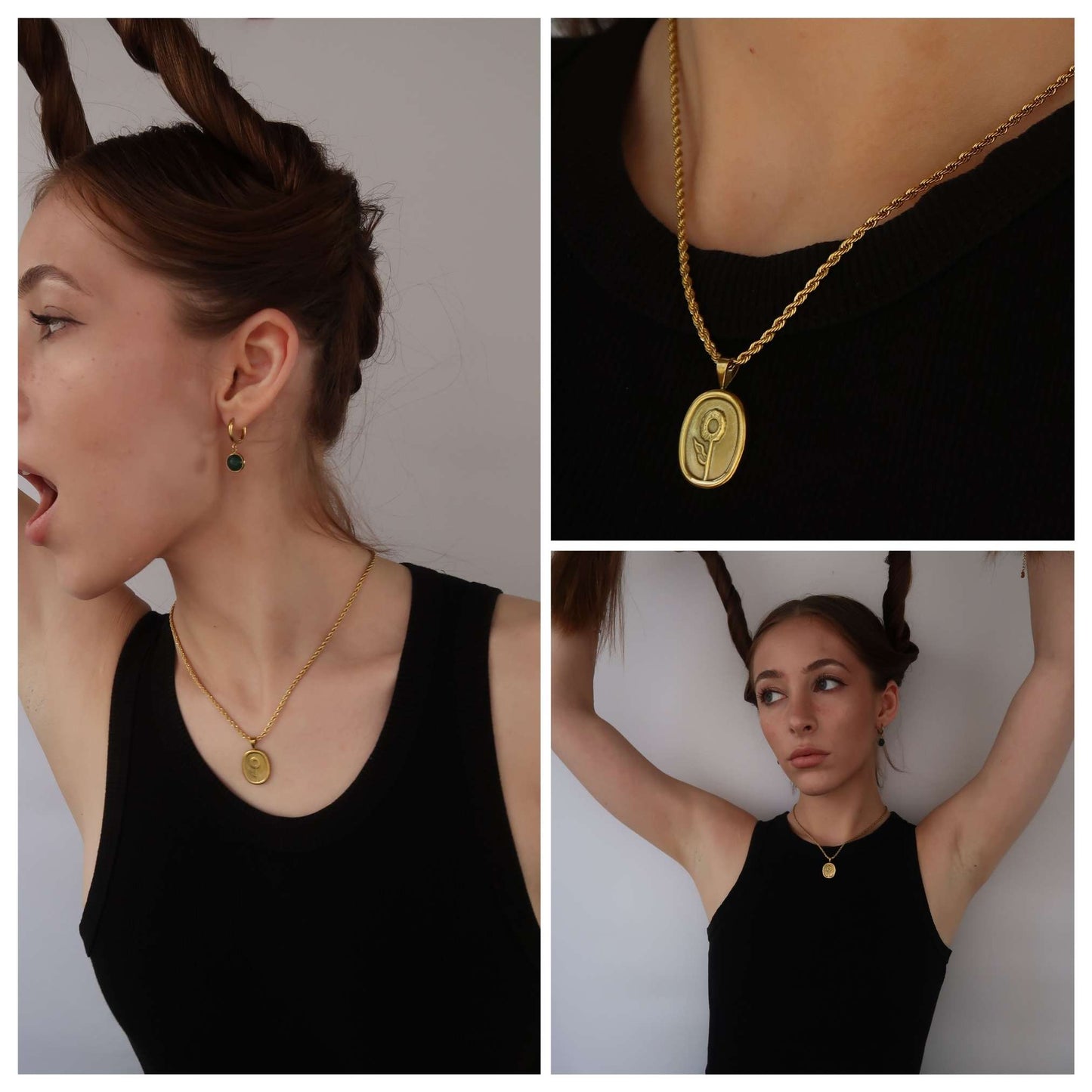 Rich Oval Flower Necklace - Gold Plated Stainless Steel Twist Chain