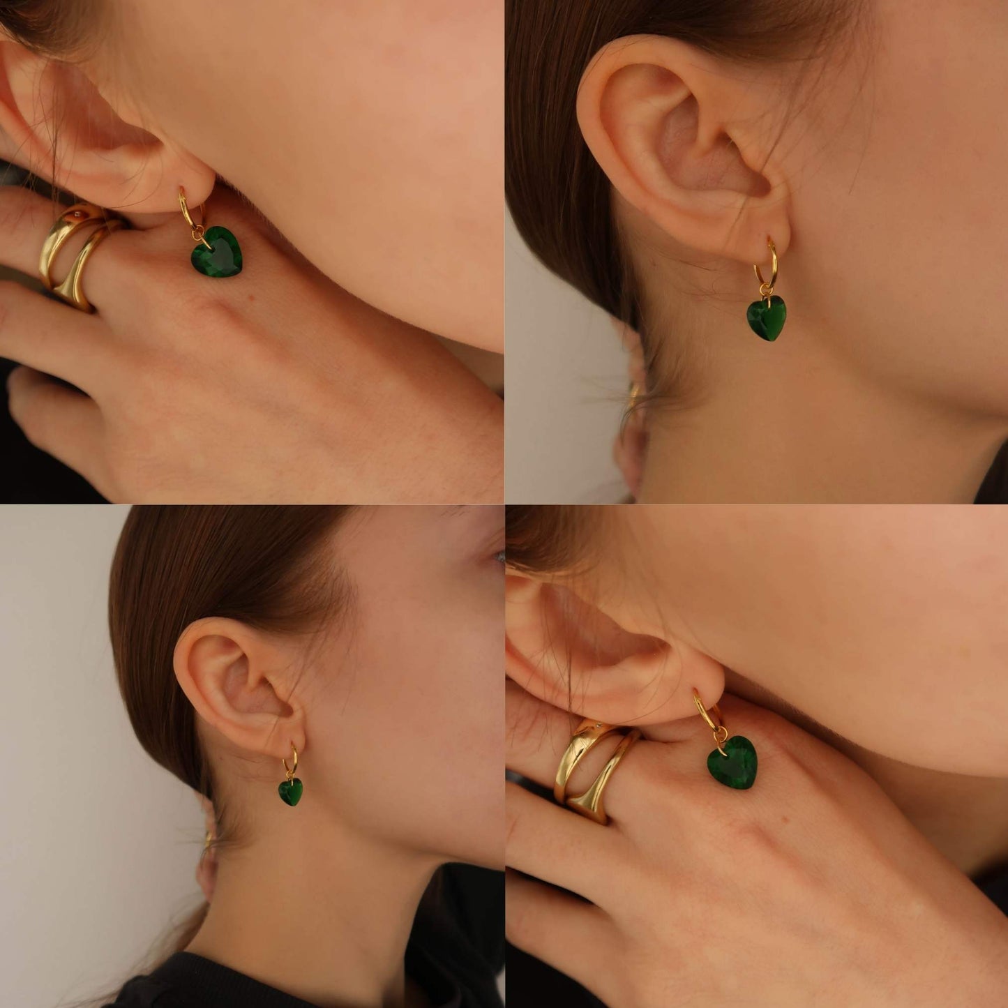 Gold Plated Green Heart Huggies - Sterling Silver (removable charms)