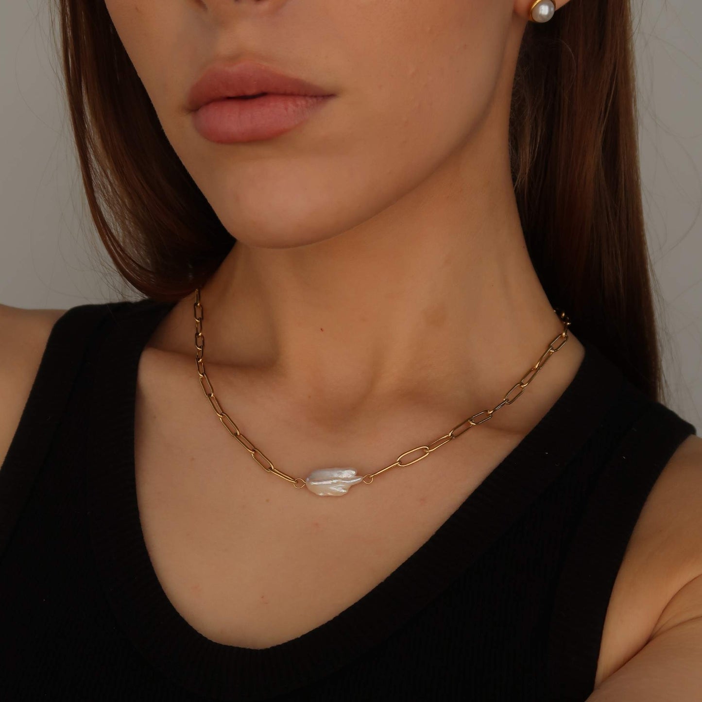 Gold Paperclip Pearl Necklace - Gold Oval Cable Chain (42cm)
