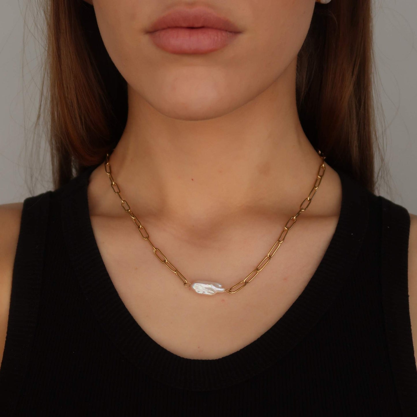 Gold Paperclip Pearl Necklace - Gold Oval Cable Chain (42cm)