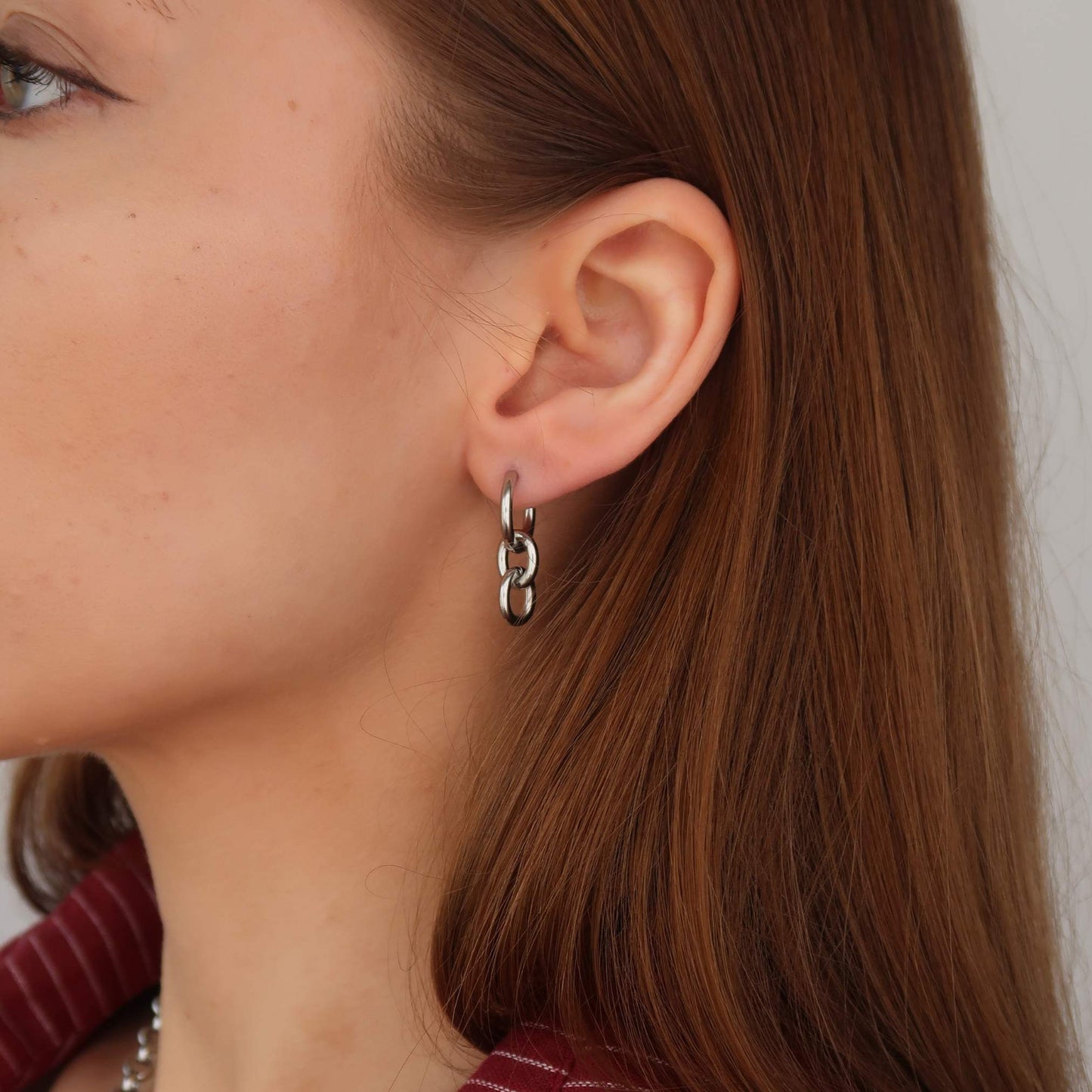 Silver Link Hoops - Round Hanging Drop Earrings (Stainless Steel)