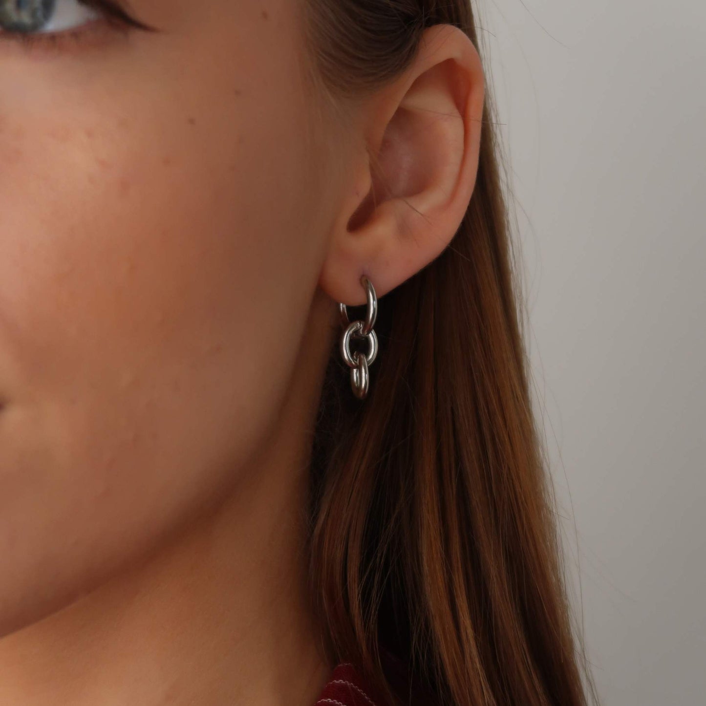 Silver Link Hoops - Round Hanging Drop Earrings (Stainless Steel)