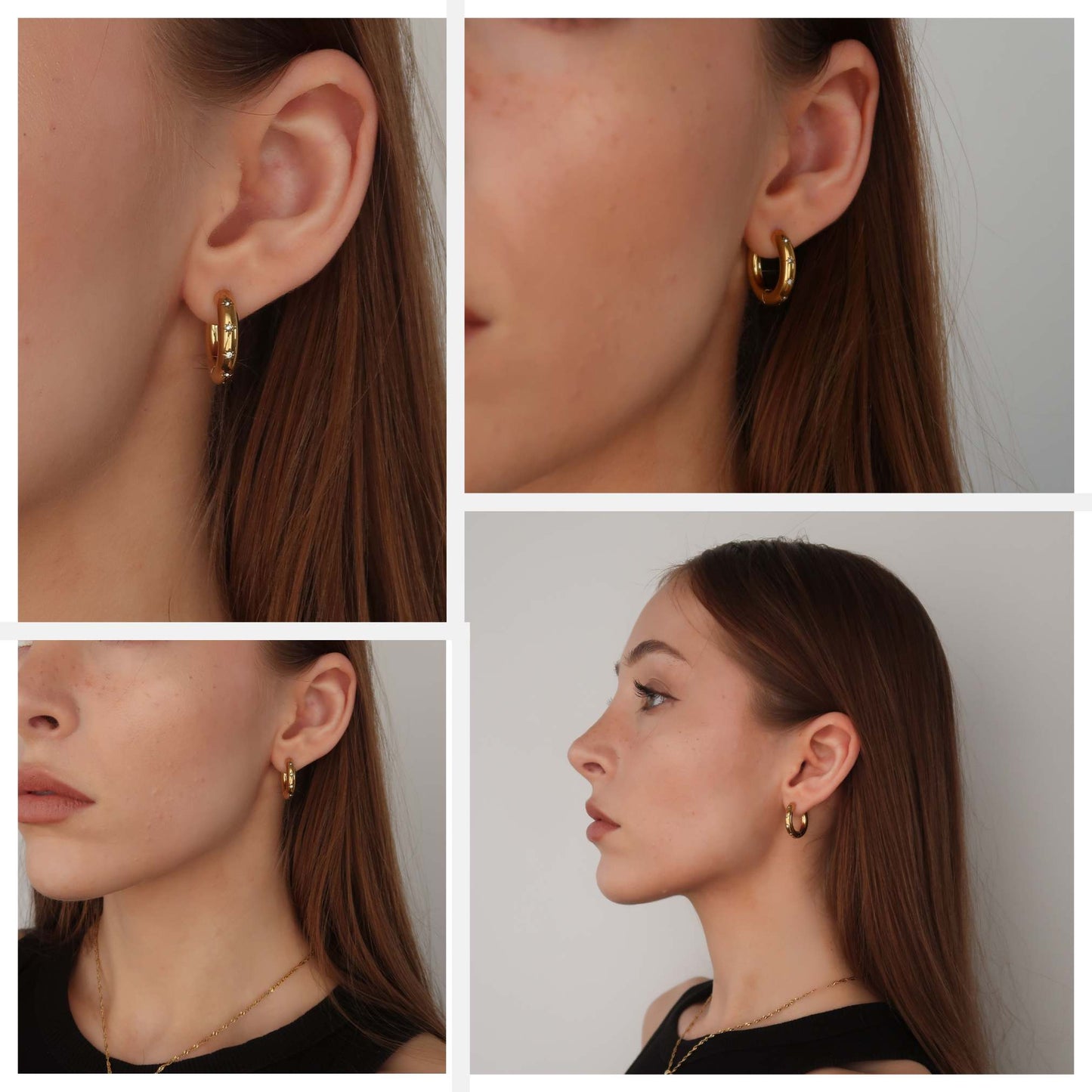 Gold Hoop Earrings Thick - Star Crystals (Gold Plated Stainless Steel)