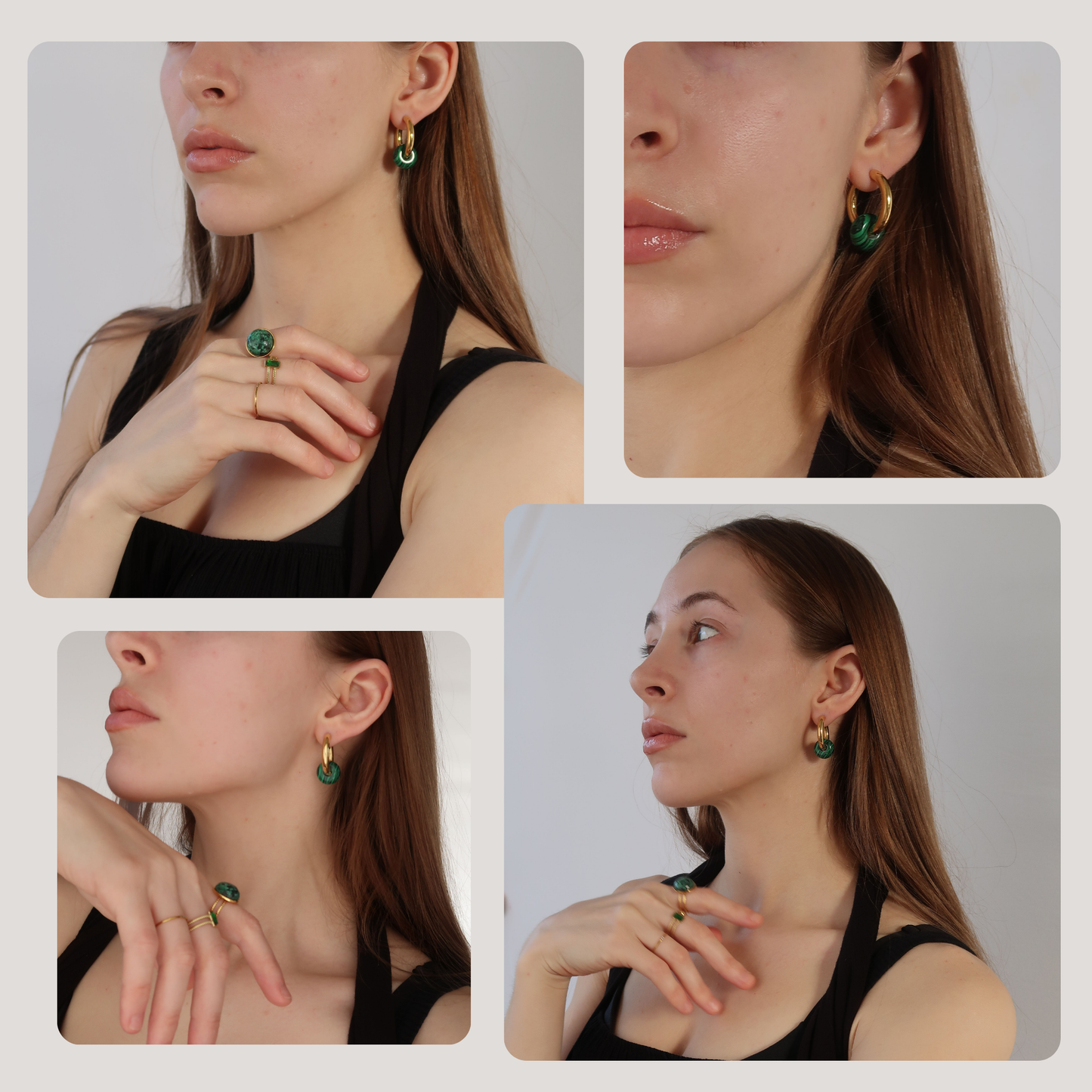 Green Tiger Bead Hoops - Gold Plated Stainless Steel Earrings (Striped)