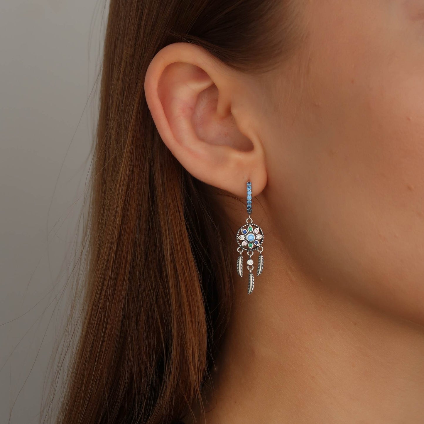 Hanging Dream Catcher Earrings - Blue Pave Crystal Hoops (flower & feather)