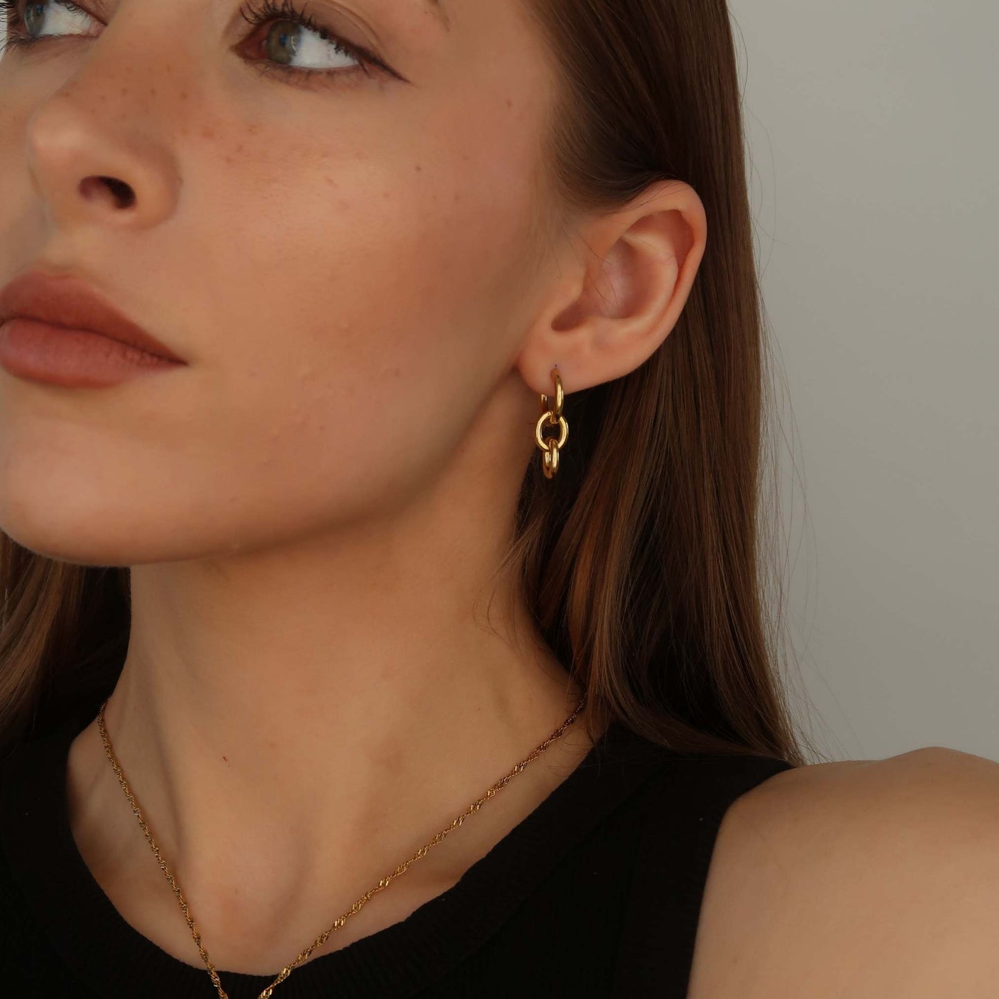 Gold Link Hoops - Round Hanging Drop Earrings (Stainless Steel)
