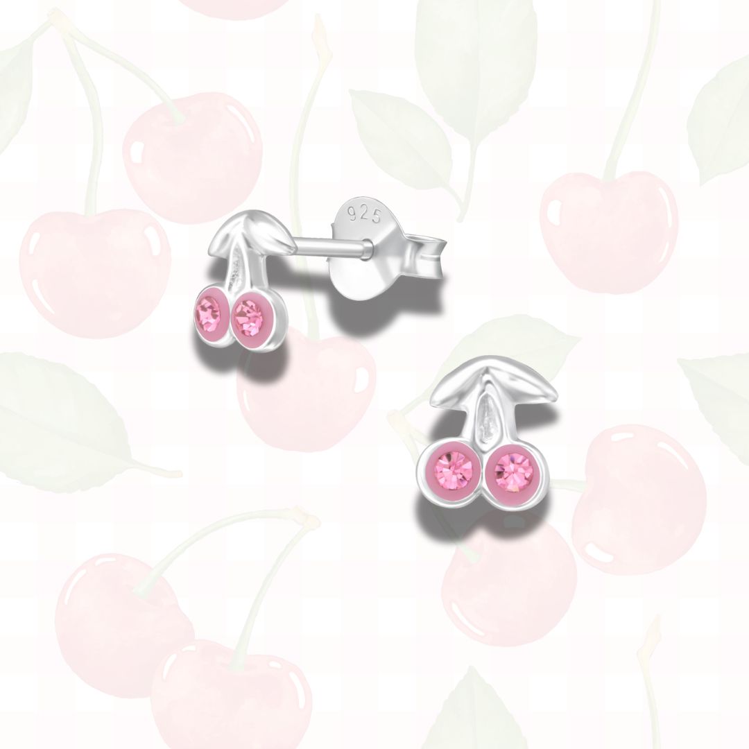 Cherry Stud Earrings in Sterling Silver, Tiny Fruit Earrings (red, pink)