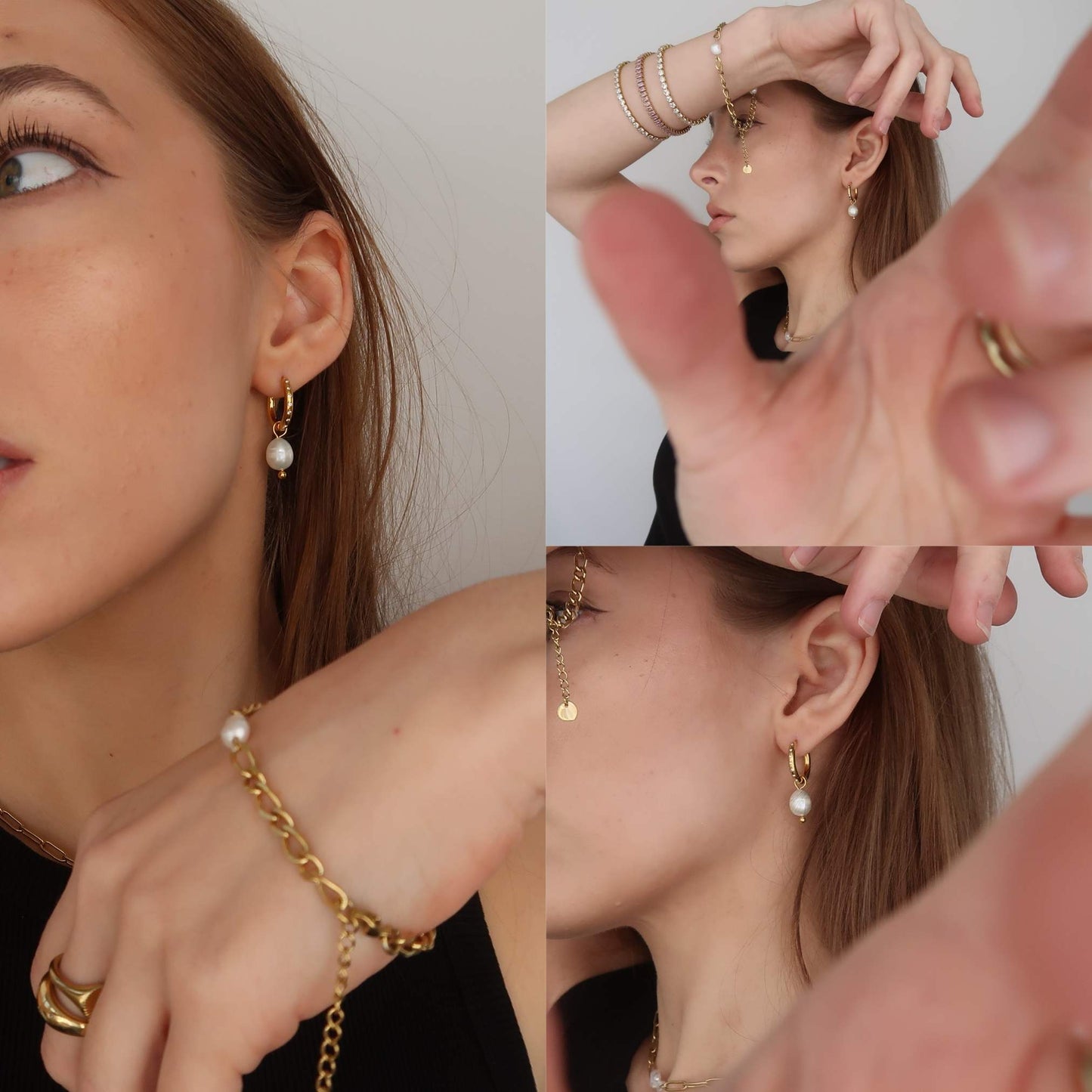 Imitation Pearl Charm Hoops - Gold Stainless Steel Earrings