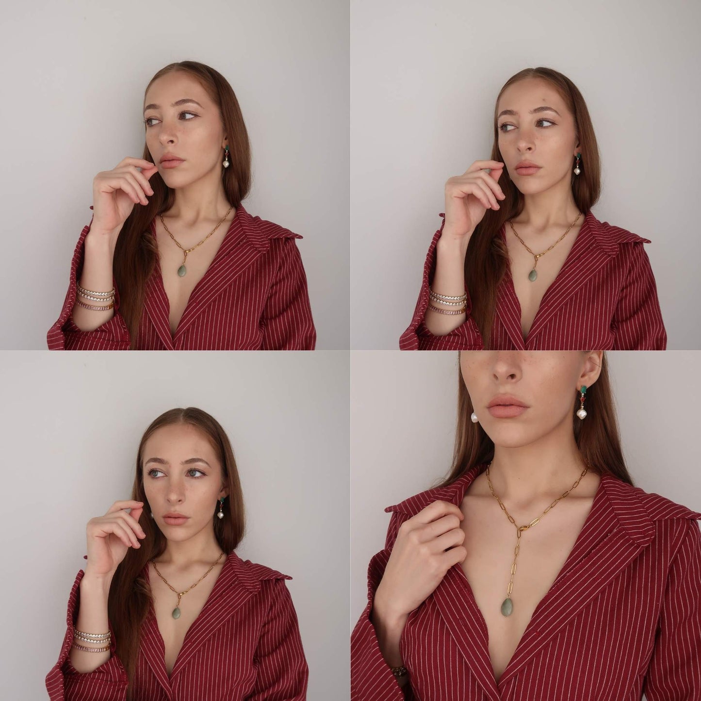 GREEN STONE - Adjustable Lariat Paperclip Cable Necklace (Gold)