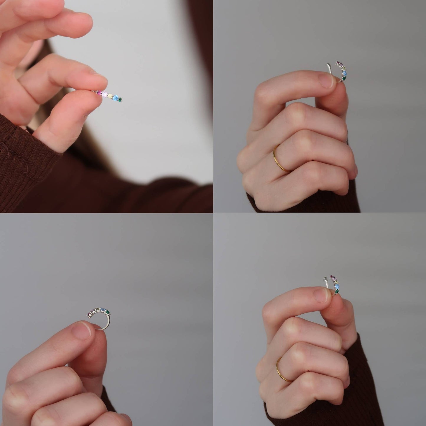 Silver Multi Colour Ear Cuff - Rainbow Zircon Crystals (sterling silver)