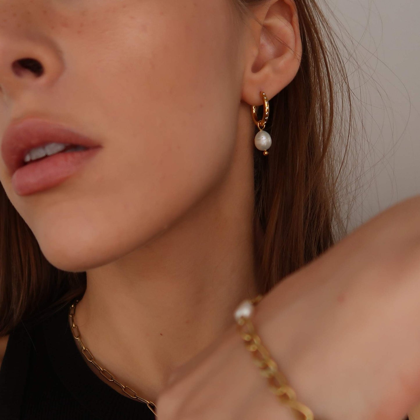 Imitation Pearl Charm Hoops - Gold Stainless Steel Earrings