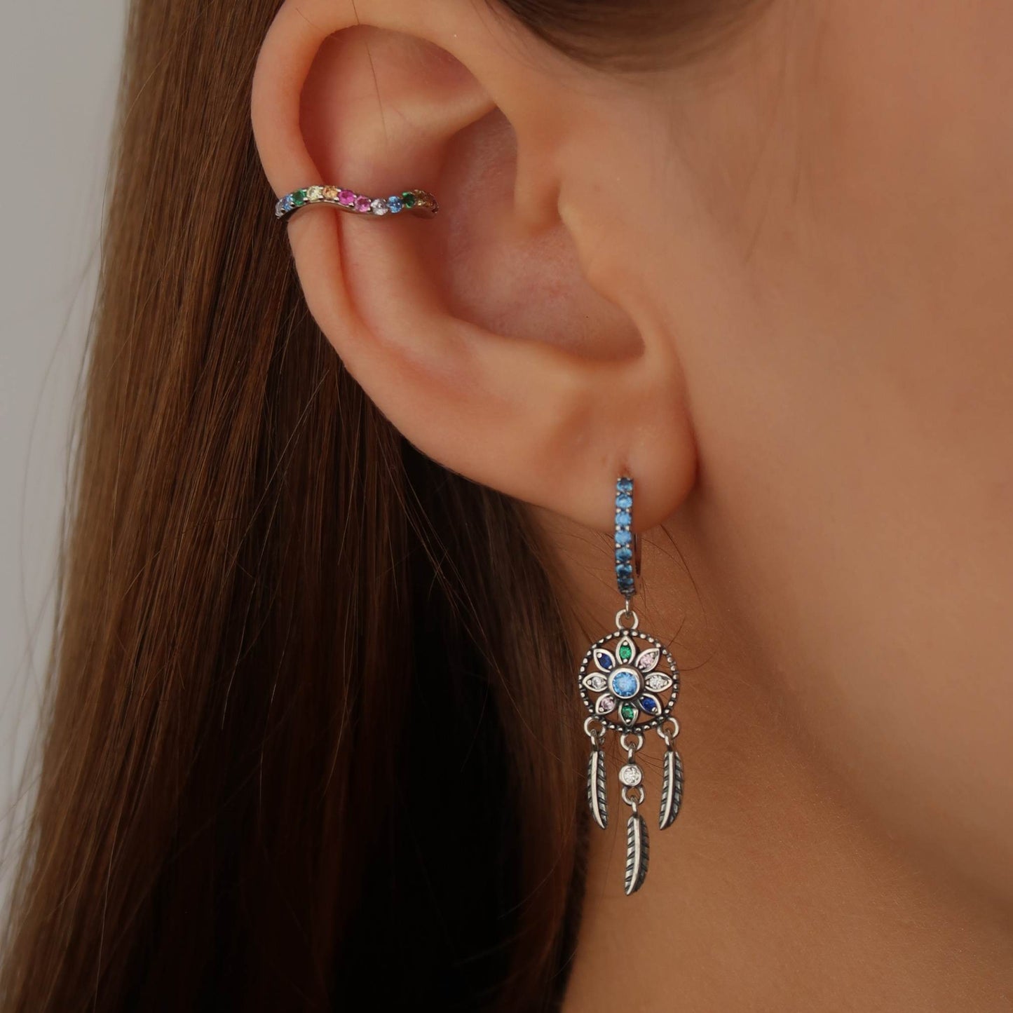 Hanging Dream Catcher Earrings - Blue Pave Crystal Hoops (flower & feather)