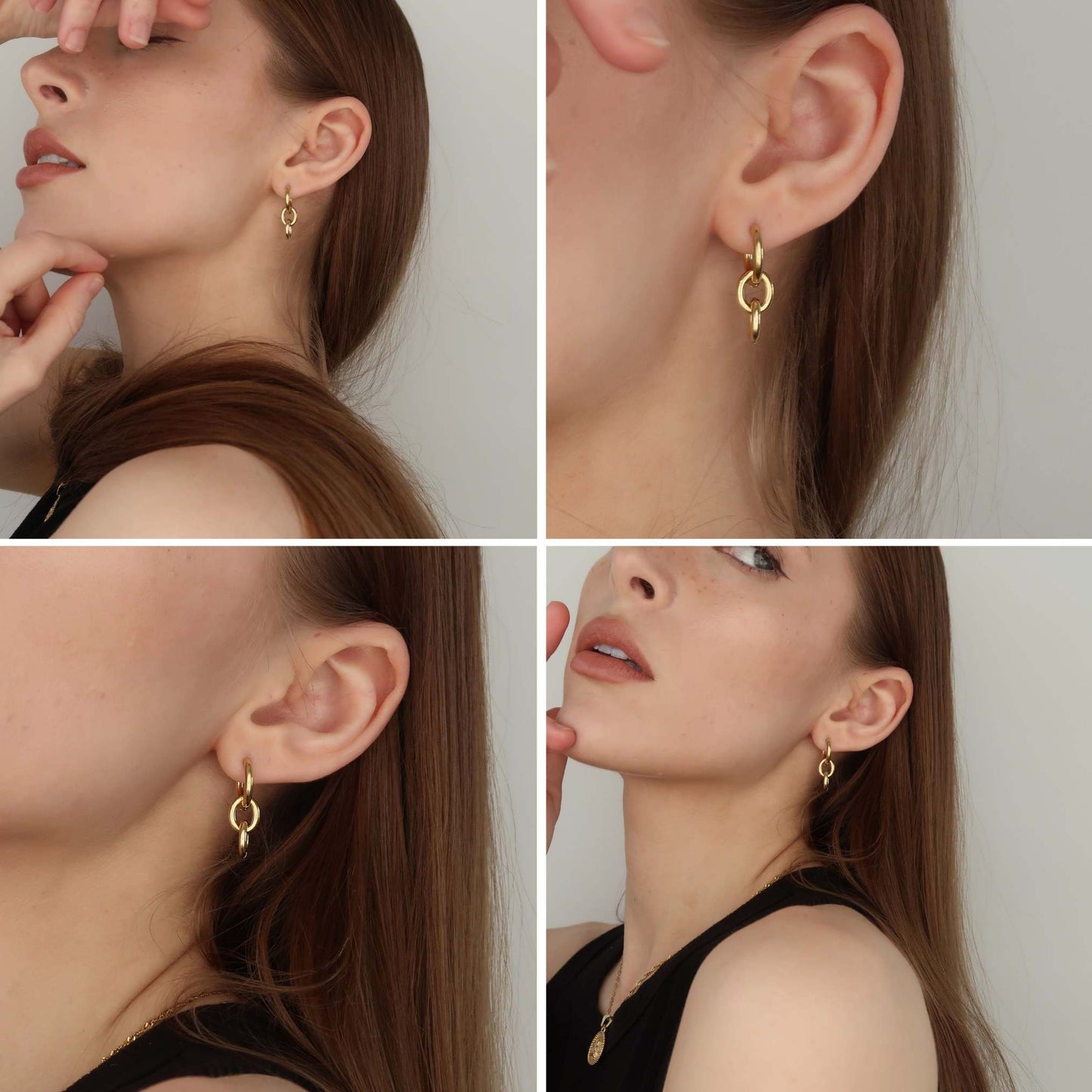 Gold Link Hoops - Round Hanging Drop Earrings (Stainless Steel)