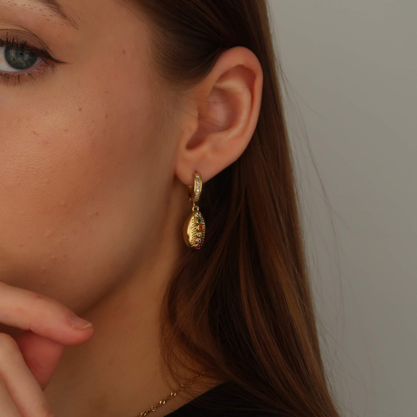 Gold Pave Shell - Small Drop Hoop Earrings (Gold-toned Copper)