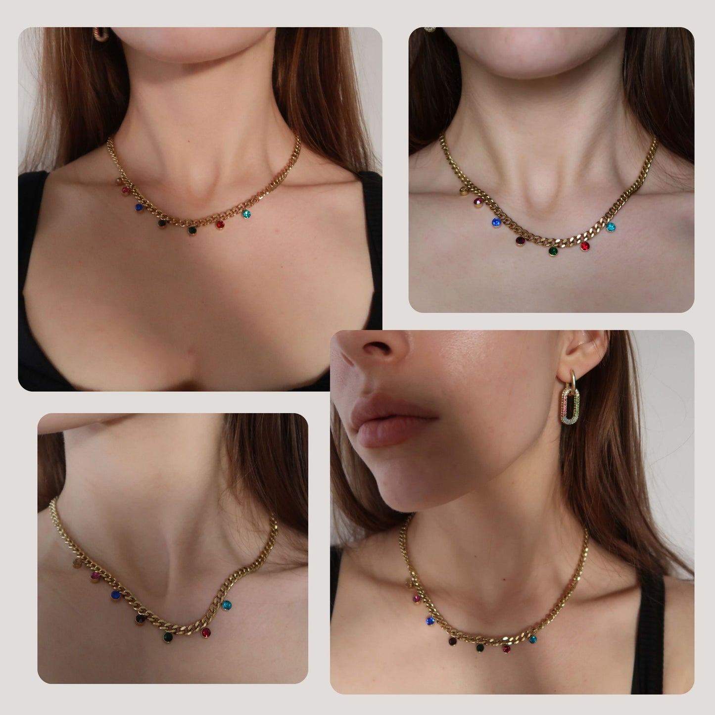 Multi Coloured Crystal Gold Curb Chain - Stainless Steel