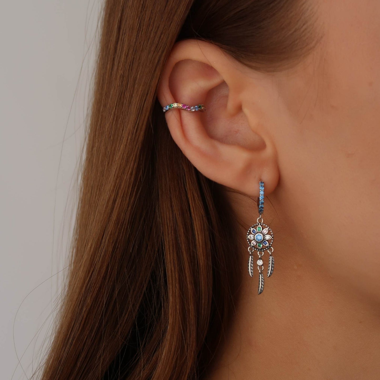 Hanging Dream Catcher Earrings - Blue Pave Crystal Hoops (flower & feather)