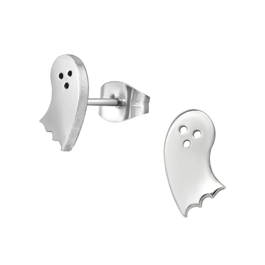 Bat & Ghost Earrings, Halloween Steel Studs, Black and White