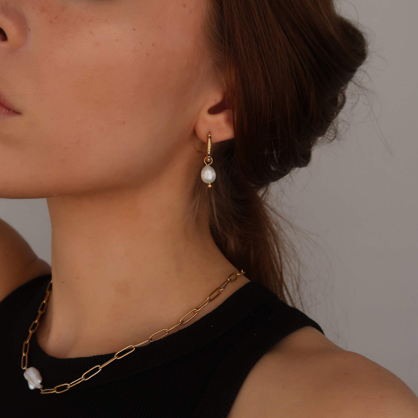 Imitation Pearl Charm Hoops - Gold Stainless Steel Earrings