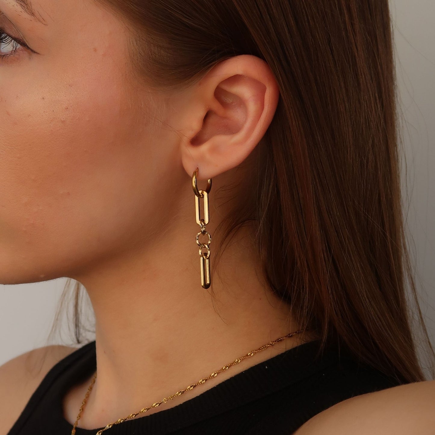 Chain Link Hoops - GOLD Geometric Hang Drop Earrings (Waterproof)