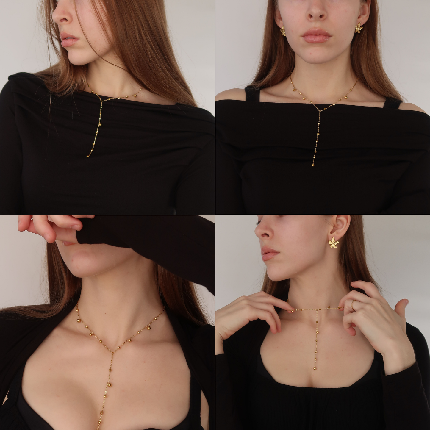 Womens Gold Bead Lariat - Ball Charmed Necklace Chain