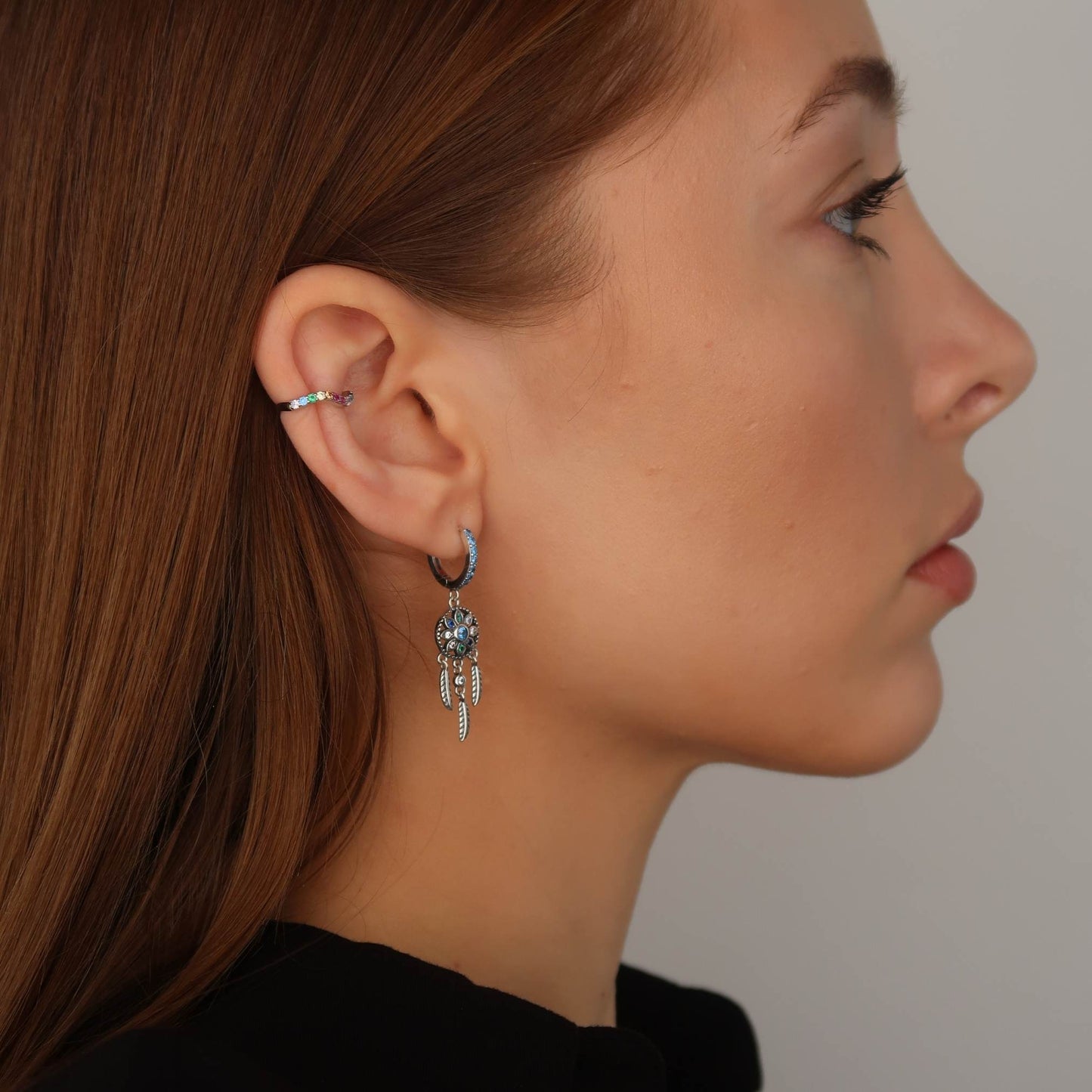 Hanging Dream Catcher Earrings - Blue Pave Crystal Hoops (flower & feather)