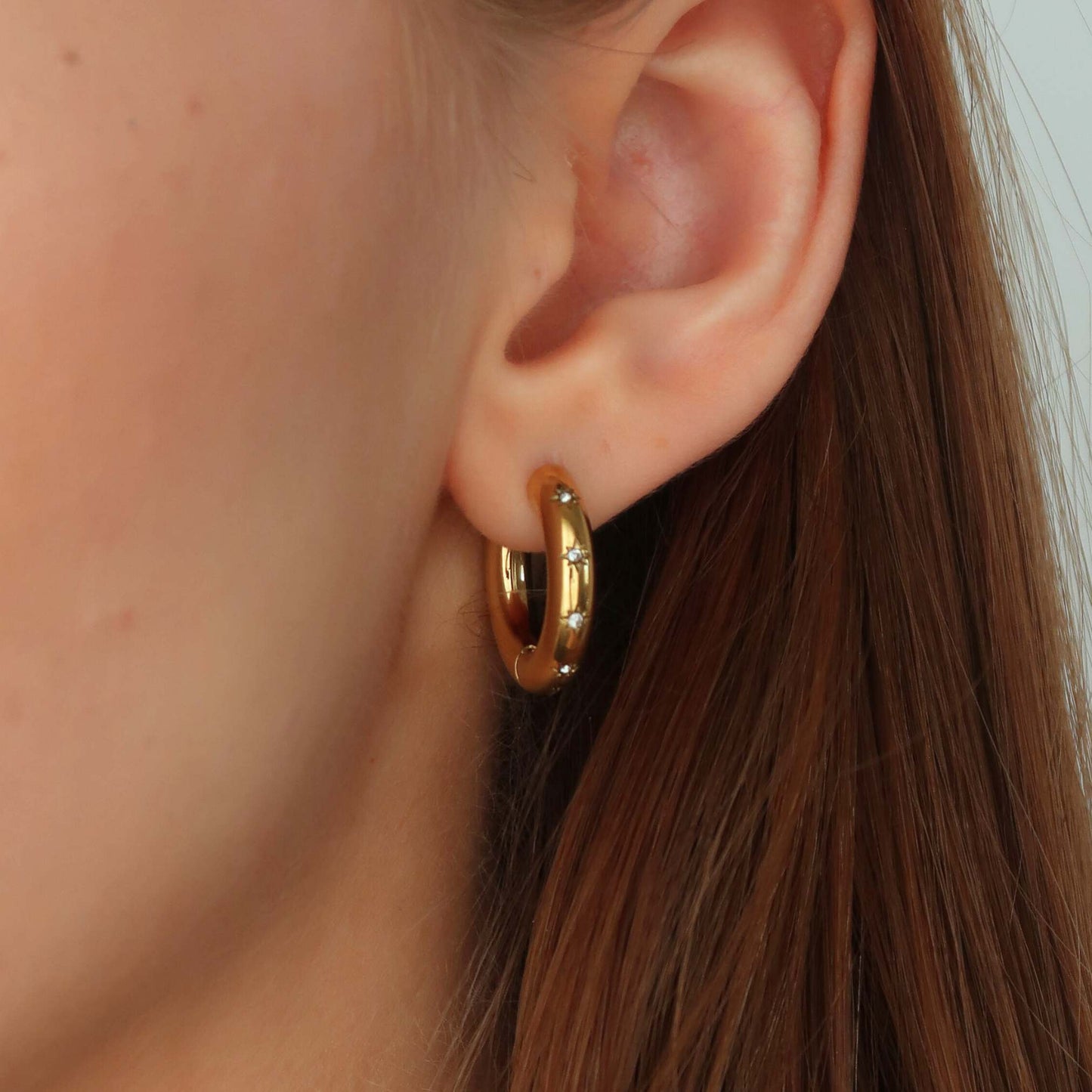 Gold Hoop Earrings Thick - Star Crystals (Gold Plated Stainless Steel)