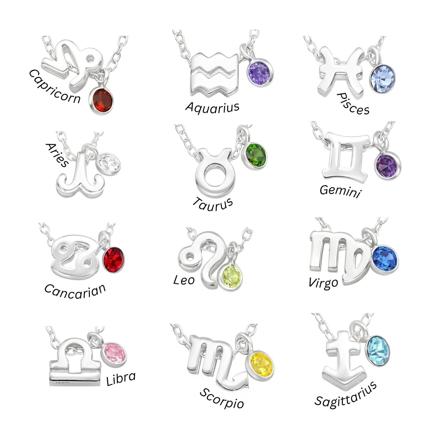 Zodiac Sign Necklace with Birthday Birthstone, Sterling Silver Astrology