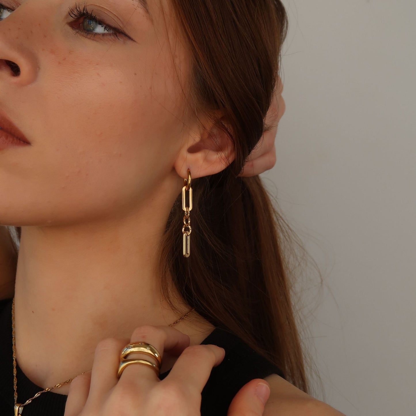 Chain Link Hoops - GOLD Geometric Hang Drop Earrings (Waterproof)