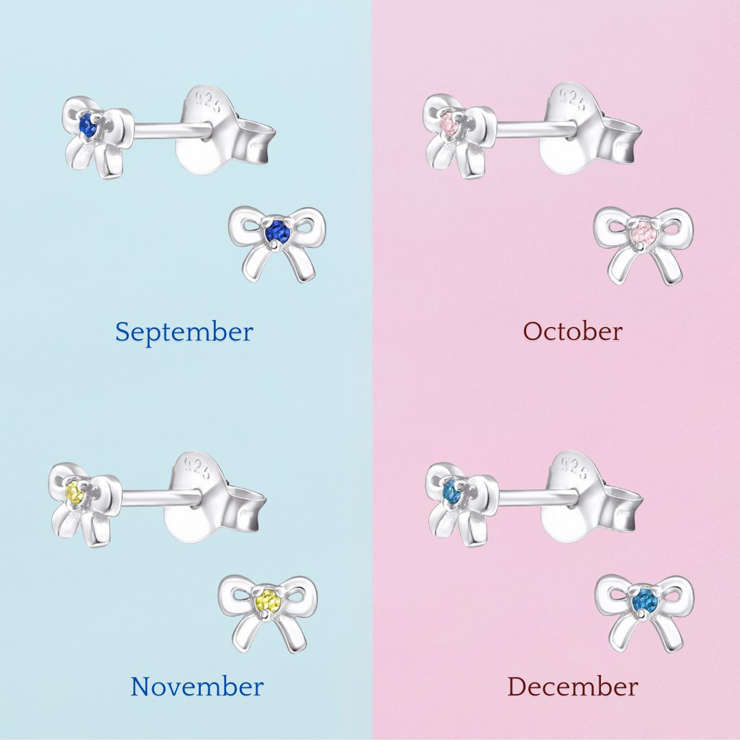 Birthstone Bow Earrings - Personalised Sterling Silver Birthday Studs