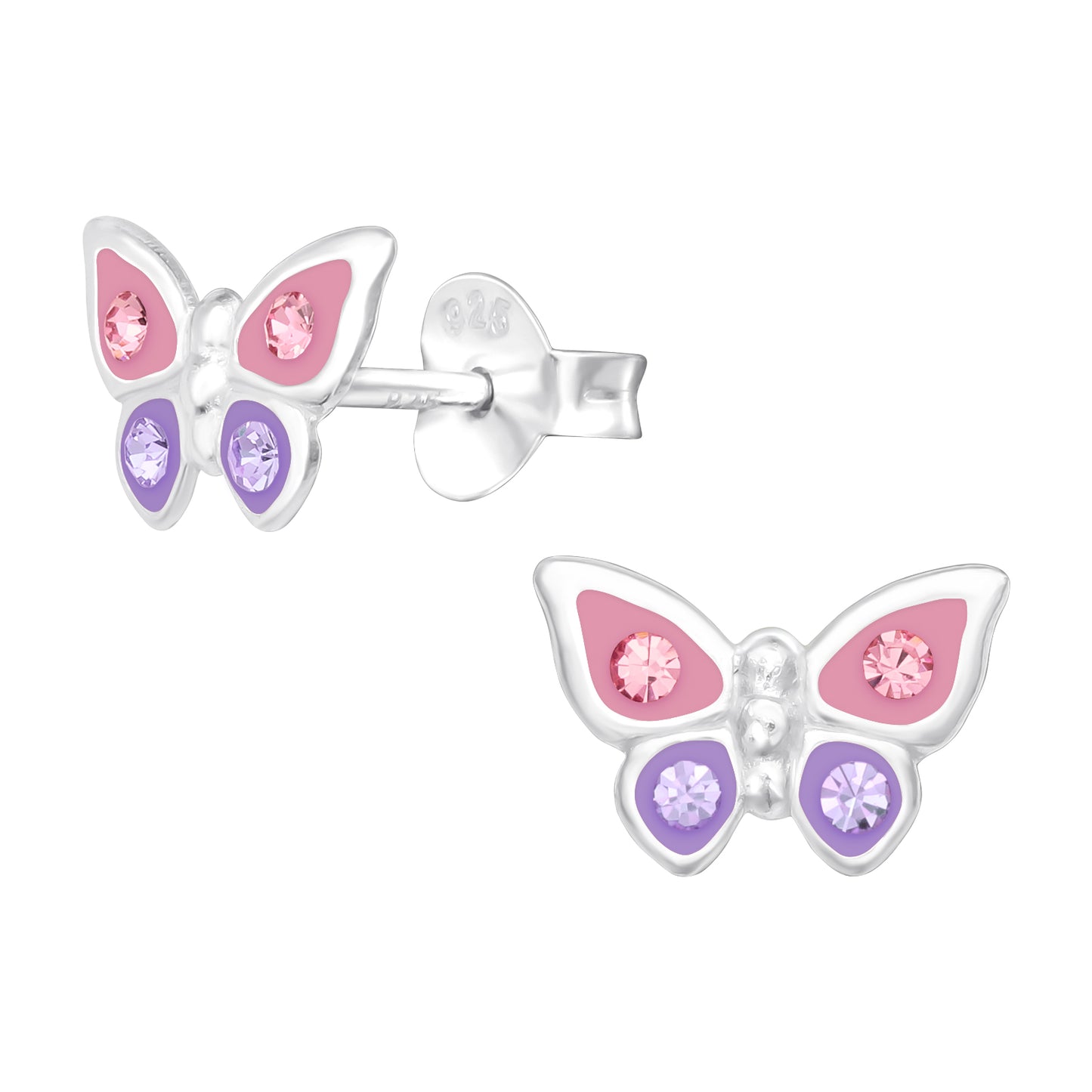 Butterfly-shaped earrings with pink and purple accents on a white background