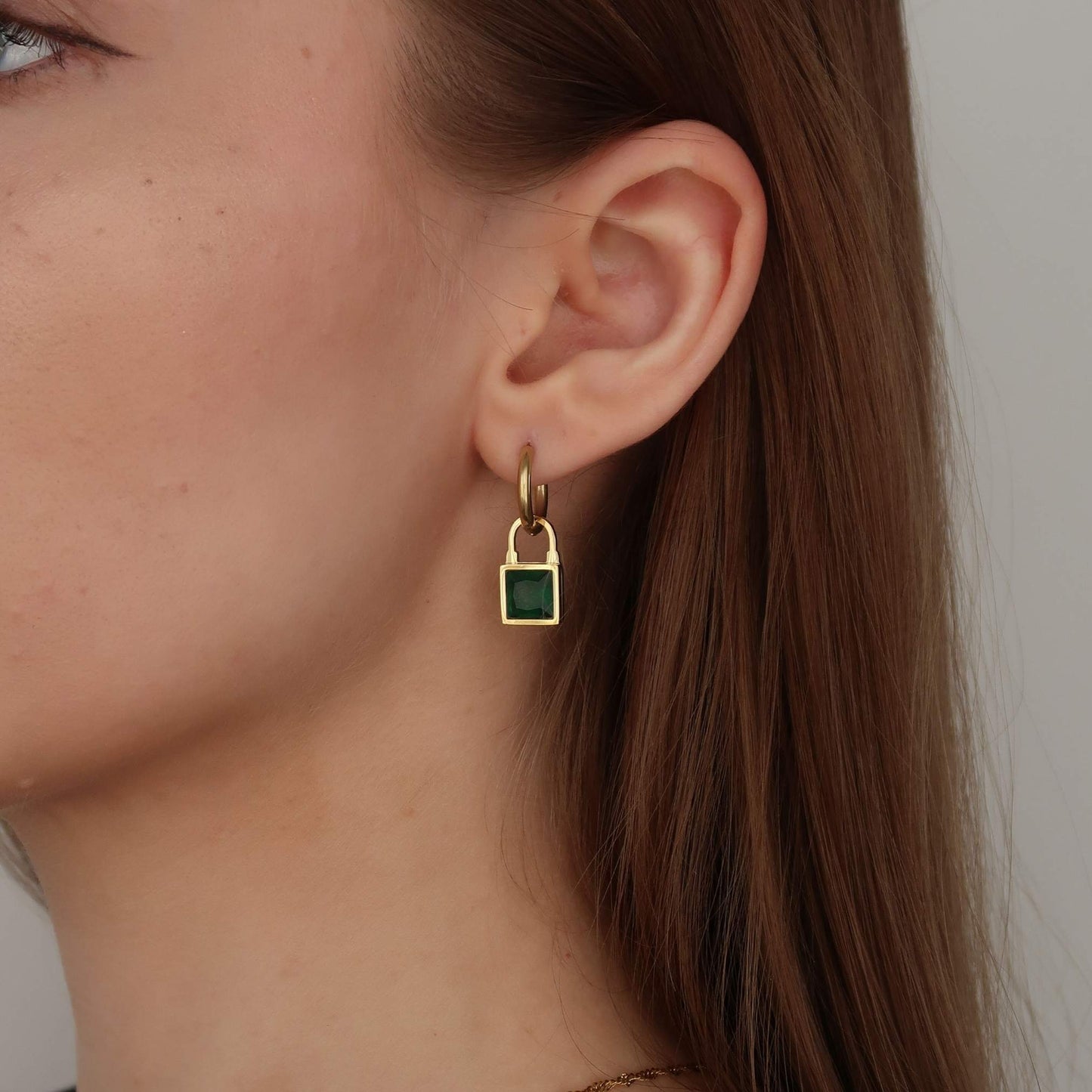 Sparkle Square - GOLD Drop Huggie Hoop Earrings (pink, green, white)