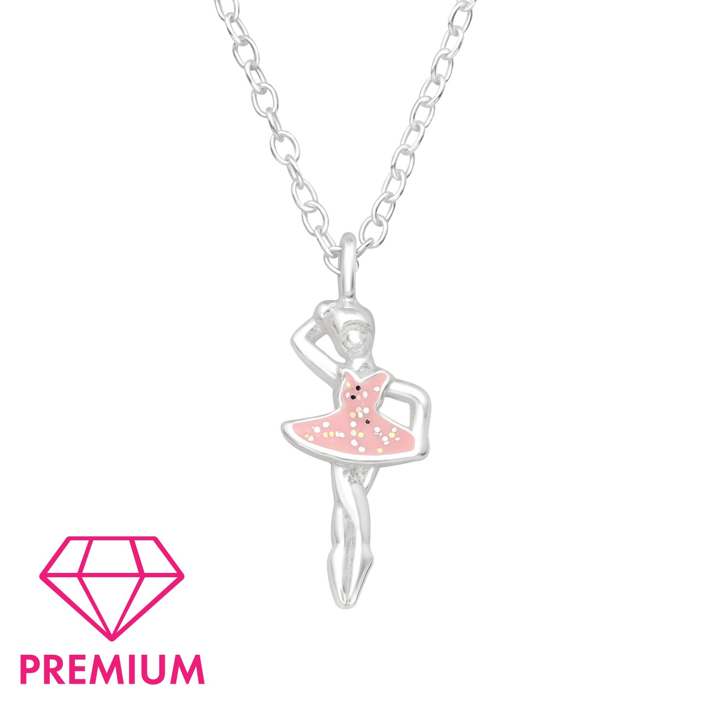 Ballerina pendant necklace with pink skirt on a white background, featuring the 'Premium' brand logo.